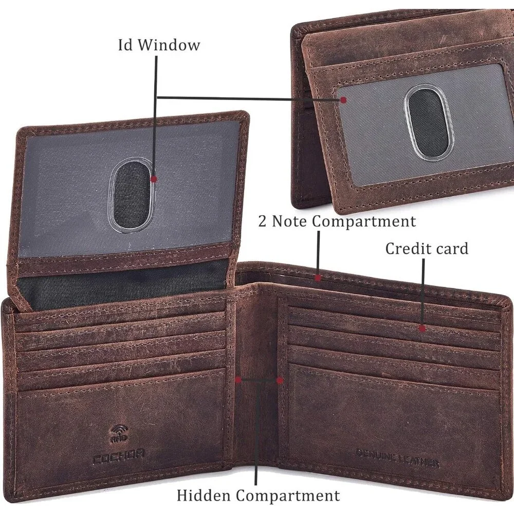 Wallet for Men's RFID Blocking Real Leather Bifold Stylish 2 ID Window